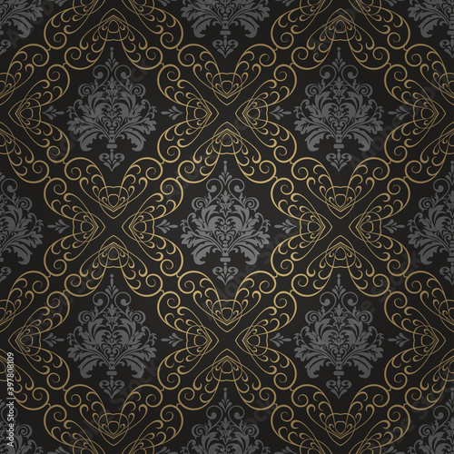 Vintage background pattern - Damascus. Colors: black, gray and gold. Exquisite floral ornament for decoration. Pattern for wallpaper design, seamless pattern, greeting cards. Vector.