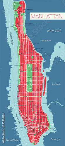 Lower and Mid Manhattan in New York detailed editable vector map with streets, geographic sites, roads. Vector EPS-10 file, trending color scheme