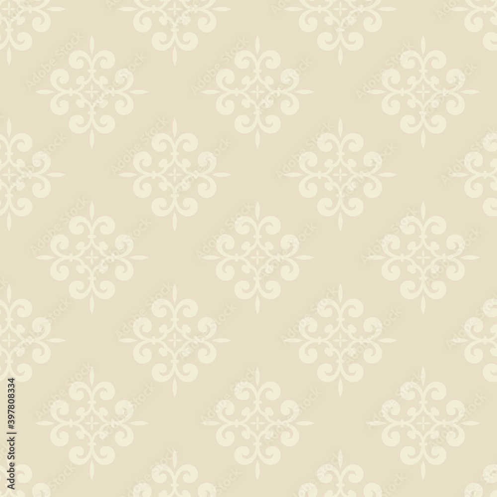 Seamless wallpaper texture, background pattern. Colors: beige and white. Floral ornament for decoration. Template for wallpaper design, seamless pattern, greeting cards. Vector.