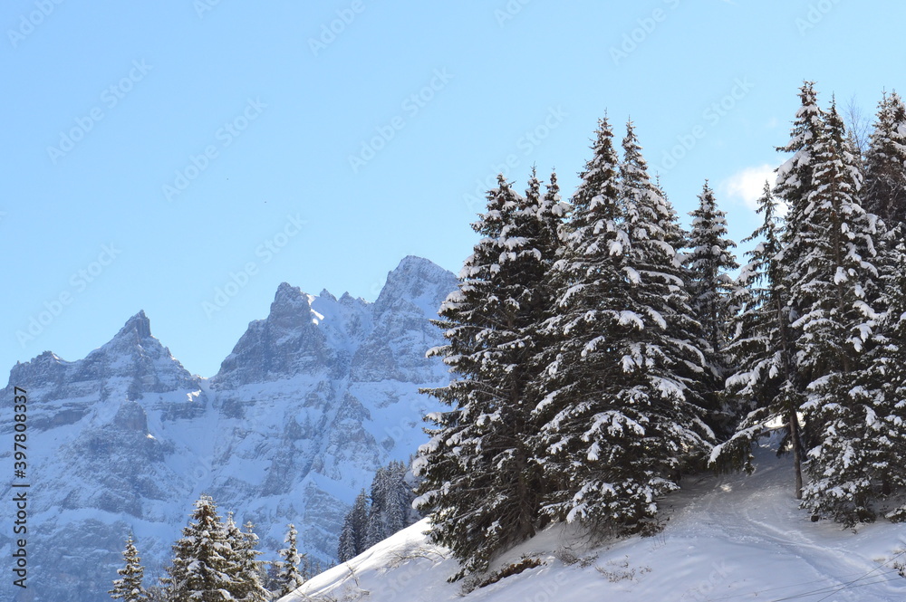 Paysage de montagnes enneigées, les Alpes en hiver, Avoriaz, France