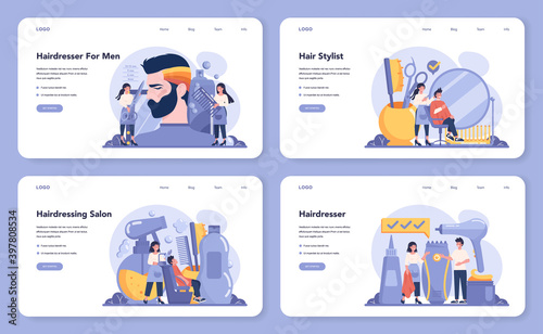 Hairdresser web banner or landing page set. Idea of men are.