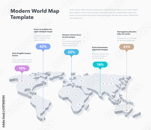 Modern 3d world map infographic template with colorful pointer marks. Easy to use for your design or presentation.