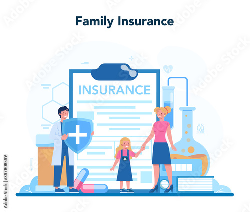 Health insurance concept set. People and doctor standing at the big