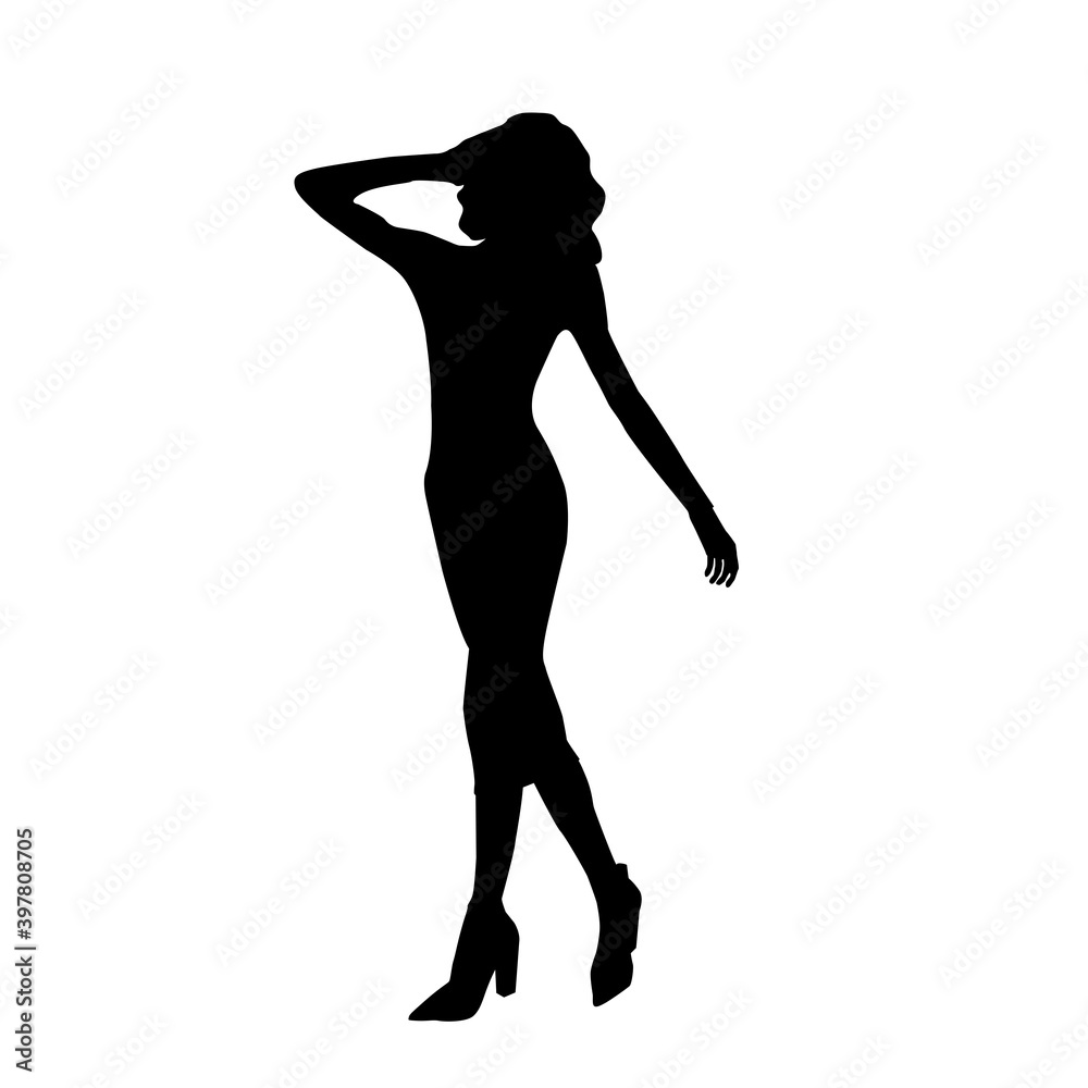 Female black silhouette of fashion trendy stylish curly hair woman posing in mini dress vector Female black silhouette of fashion trendy stylish curly hair woman posing in mini dress vector