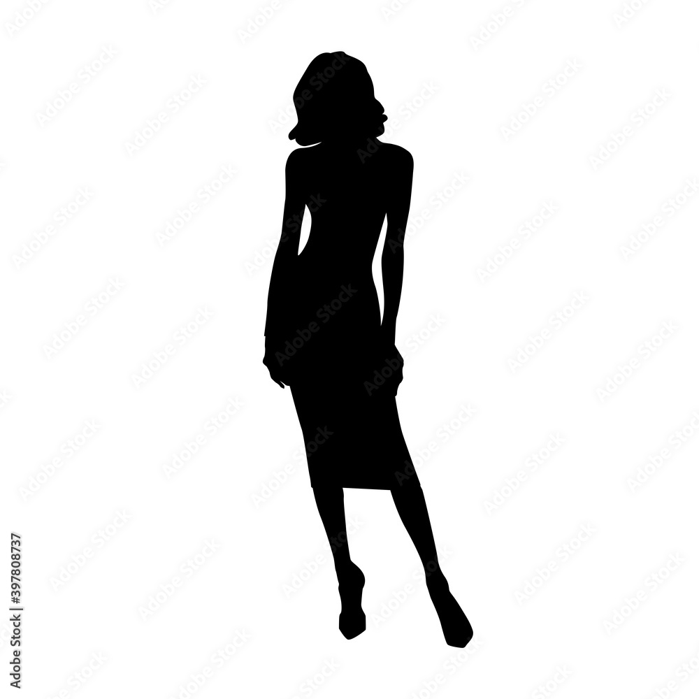 Female black silhouette of fashion trendy stylish curly hair woman posing in mini dress vector