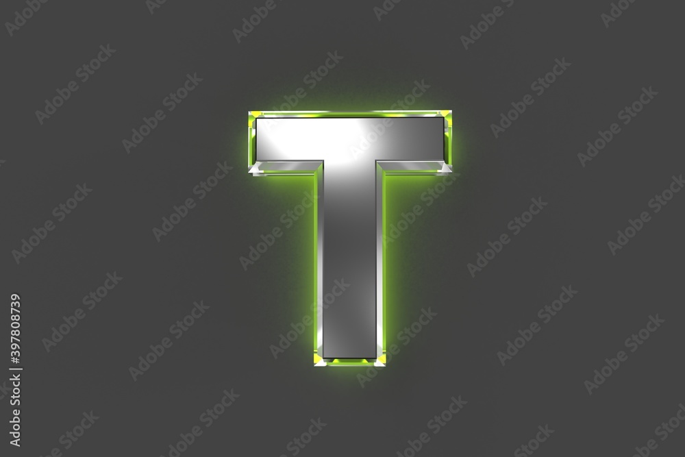 Grey metal font with green shine reflective outline - letter T isolated on grey background, 3D illustration of symbols Grey metal font with green shine reflective outline - letter T isolated on grey background, 3D illustration of symbols