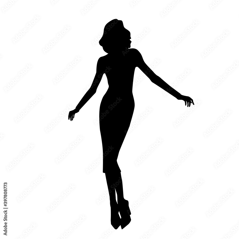 Female elenant silhouette of stylish sexy woman in tight dress. Black vector Female elenant silhouette of stylish sexy woman in tight dress. Black vector