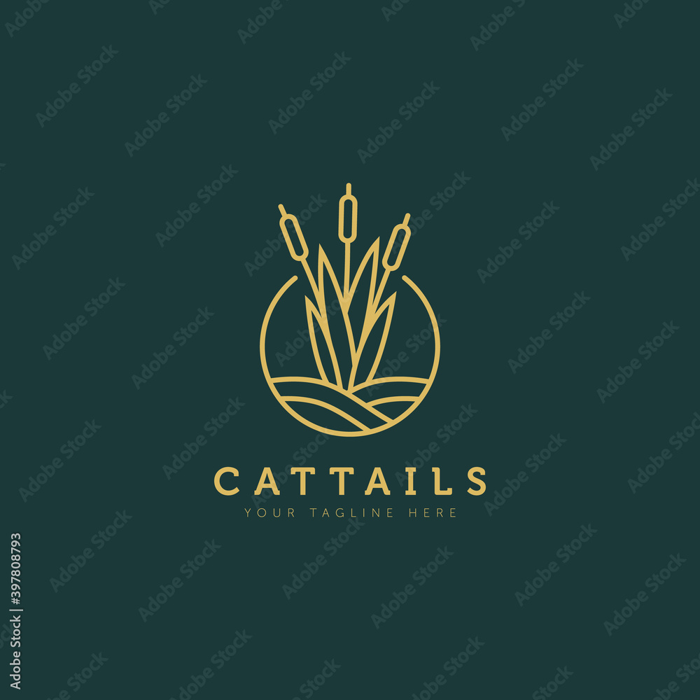 cattails / reed above the water minimalist flat design logo illustration design template - obrazy, fototapety, plakaty 