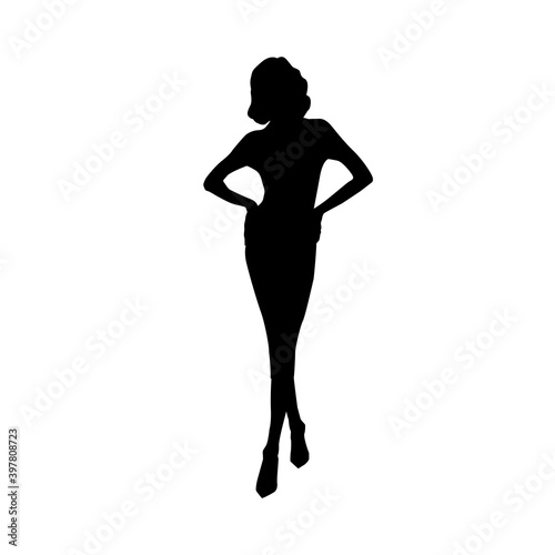 Female elenant silhouette of stylish sexy woman in tight dress. Black vector