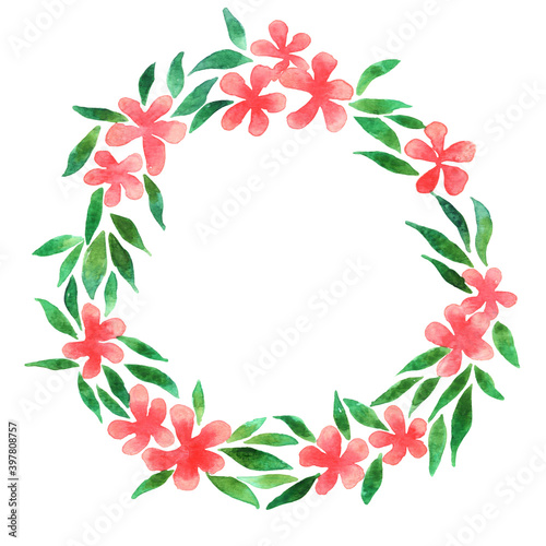 Summer hibiscus flower wreath watercolor hand painting for decoration on summer holiday events.