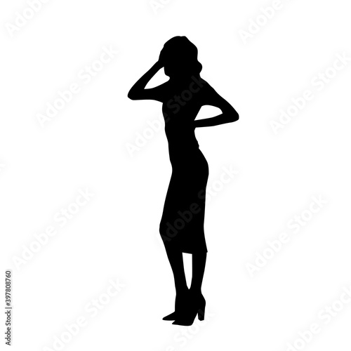 Female black silhouette of fashion trendy stylish curly hair woman posing in tight dress vector
