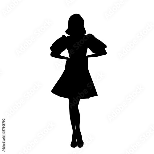 Female silhouette of the pretty woman in magnificent fabulous fairy fashion dress with flounce sleeves, vector