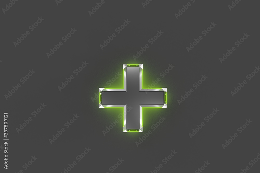 Grey brassy font with green glossy glassy outline - plus isolated on grey, 3D illustration of symbols Grey brassy font with green glossy glassy outline - plus isolated on grey, 3D illustration of symbols