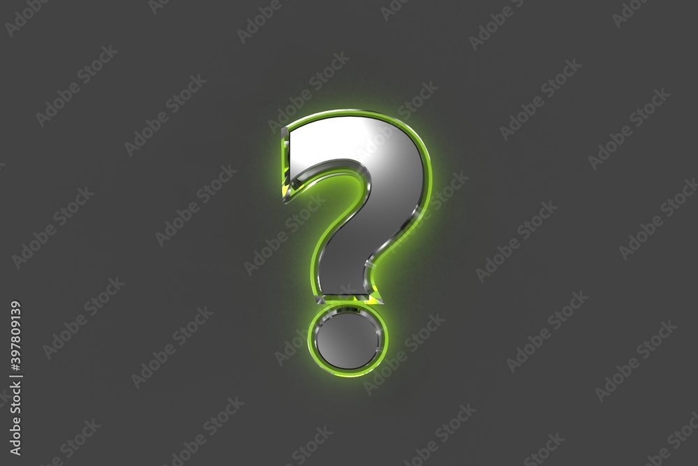 Grey metal alphabet with green shine glass made outline - question mark isolated on grey, 3D illustration of symbols Grey metal alphabet with green shine glass made outline - question mark isolated on grey, 3D illustration of symbols