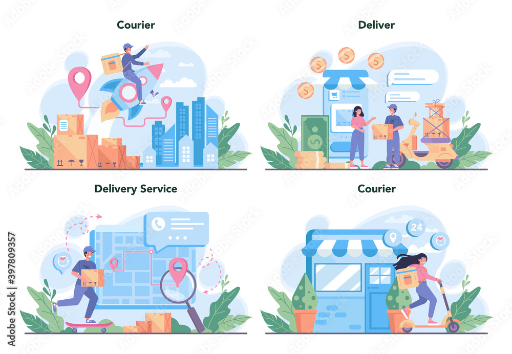 Delivery service set. Courier in uniform with box from the truck.