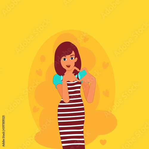 Cartoon a cute young  girl has short brown hair wearing the way brown  dress    standing by make hands in heart shape love symbol   in yellow background .Vector isolate flat design for Valentine   s Day