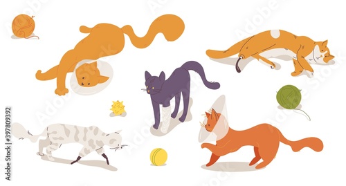 Injured and sufferer cats with prosthesis and protective cone collars isolated on white. Cartoon kitten characters playing, laying down, good for vet clinic and veterinarian