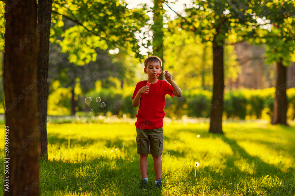 Wide shot of little boy blowing soap bubbles in green pak on sunny summer day Wide shot of little boy blowing soap bubbles in green pak on sunny summer day