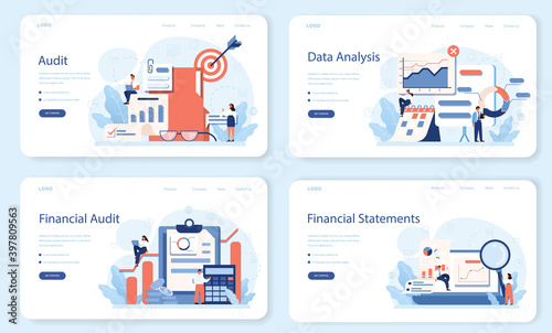 Audit web banner or landing page set. Business operation research and analysis.
