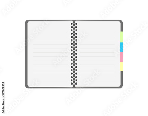 Opened organizer or diary. Vector 3d realistic. Mockup. Notepad with Striped paper and color bookmarks. Empty white lined pages on metal springs. address book. EPS10.