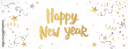 New year banner with decoration. Happy New Year text. Falling confetti ribbons and stars. Gold and silver frame. For Christmas and winter holiday headers, party flyers. Vector illustration.