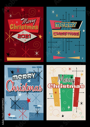 Merry Christmas and Happy New Year Greeting Cards, Mid Century Modern Style Abstract Patterns, Backgrounds 