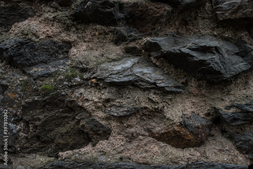 surface of the cave rock wall. gray stone texture background.
