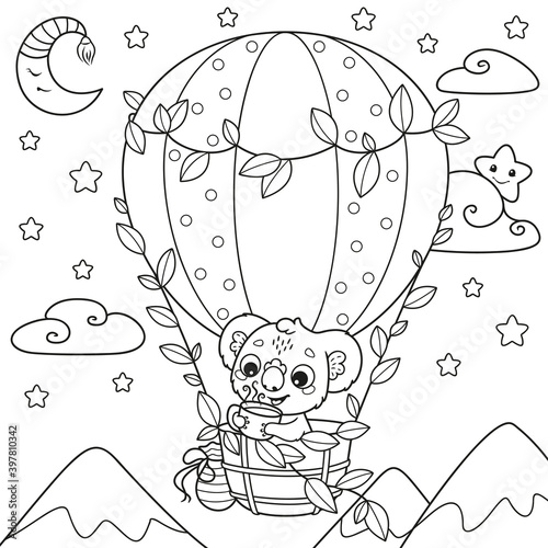 Koala drinks tea and fly in hot air balloon coloring page for kids. Black and white outline illustration.