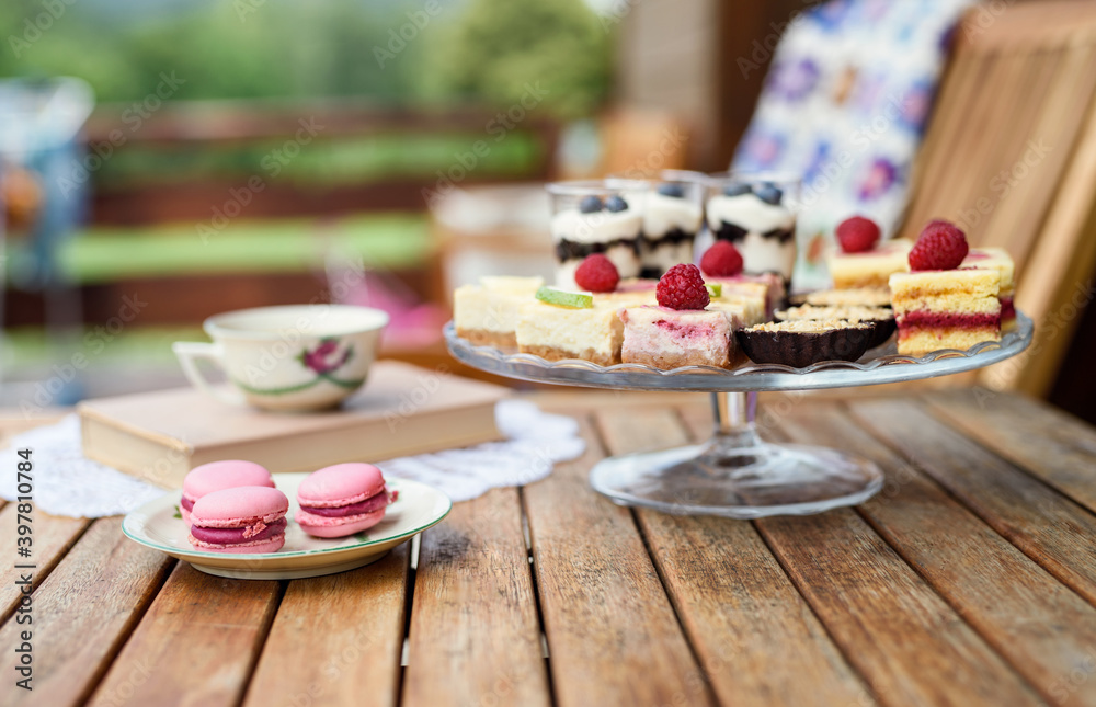 Cup of coffee and desserts on table, close-up. Cup of coffee and desserts on table, close-up.