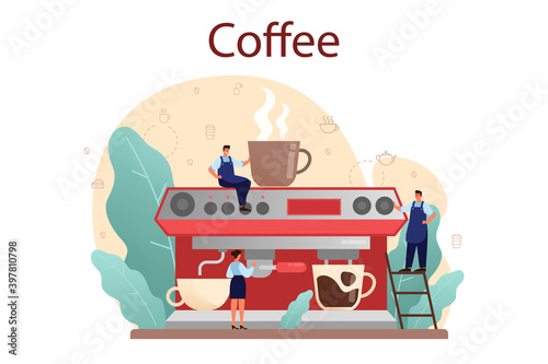 Coffee concept. Barista making a cup of hot coffee. Energetic
