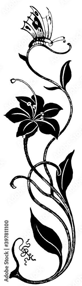 Beautiful floral vertical ornament. Illustration of the 19th century. Germany. White background. Beautiful floral vertical ornament. Illustration of the 19th century. Germany. White background.