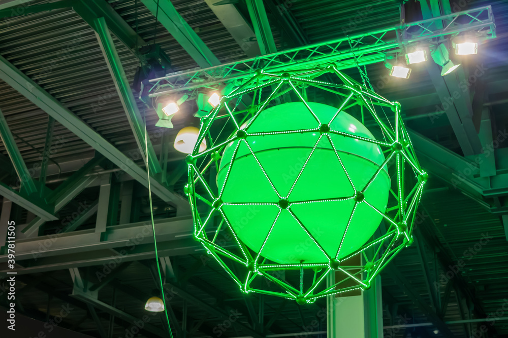 Ceiling led ball decor with green illumination in cage