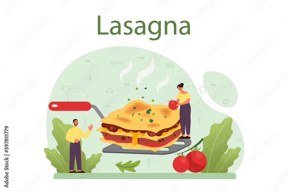 Tasty lasagna. Italian delicious cuisine on the plate. People Tasty lasagna. Italian delicious cuisine on the plate. People