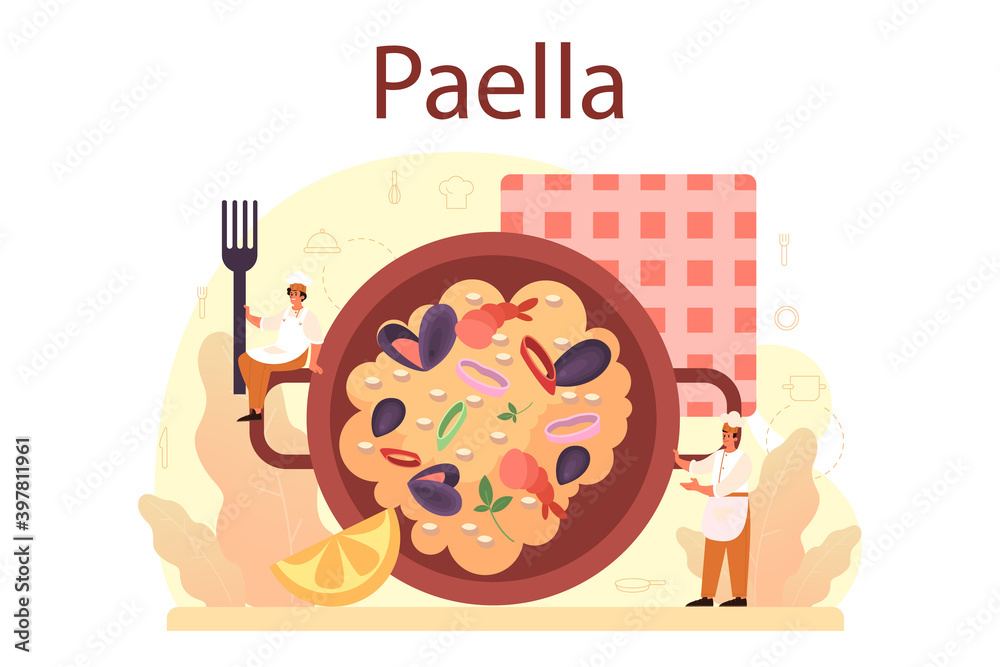 Paella. Spanish traditional dish with seafood and rice on a plate. Paella. Spanish traditional dish with seafood and rice on a plate.
