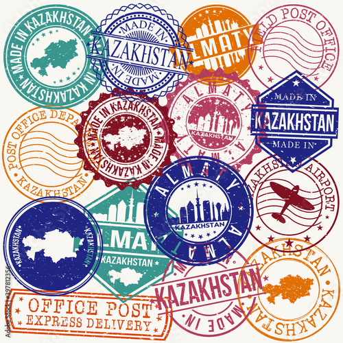 Almaty  Kazakhstan Set of Stamps. Travel Stamp. Made In Product. Design Seals Old Style Insignia.