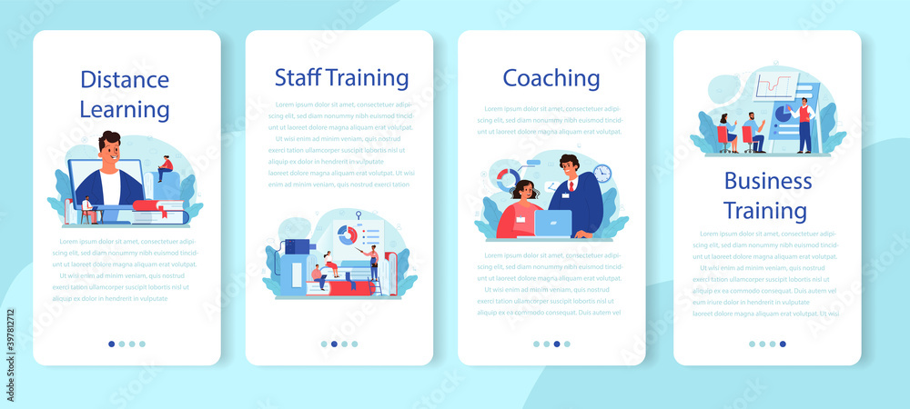 Staff training mobile application banner set. Business personnel
