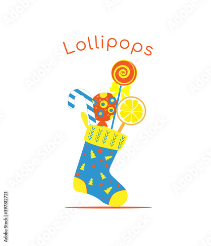 Candy, lollipops in the long Christmas sock. Flat vector illustration, isolated ibjects. photo