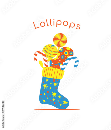 Candy, lollipops in the long Christmas sock. Flat vector illustration, isolated ibjects. photo