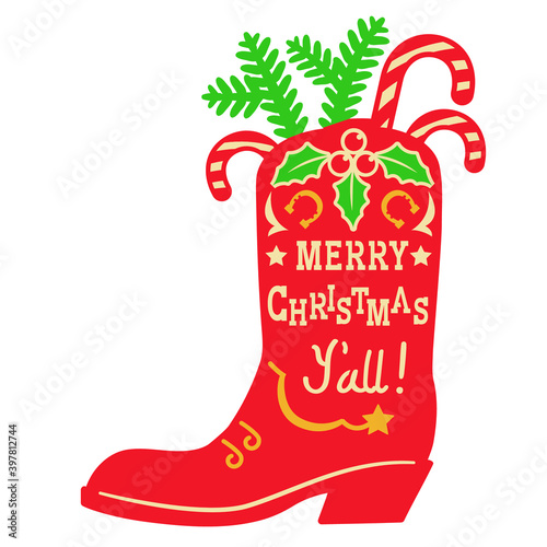 Cowboy Christmas. Vector vintage illustration with Cowboy Country boot and holiday decoration on white background for design
