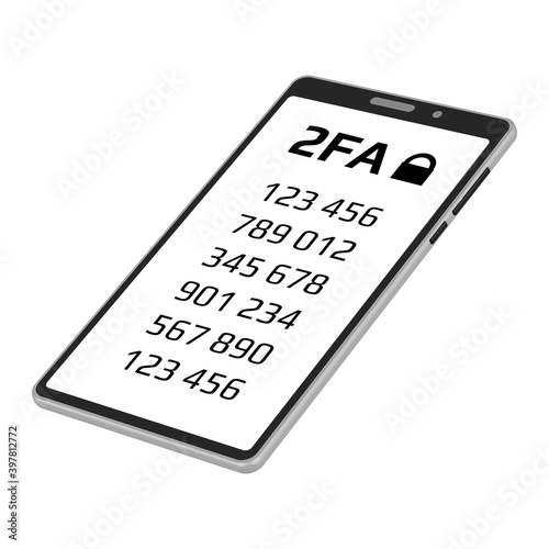 Two factor authentication 2FA concept with a codes on smartphone screen in isometric projection isolated on white background. Protecting your money. Vector illustration.