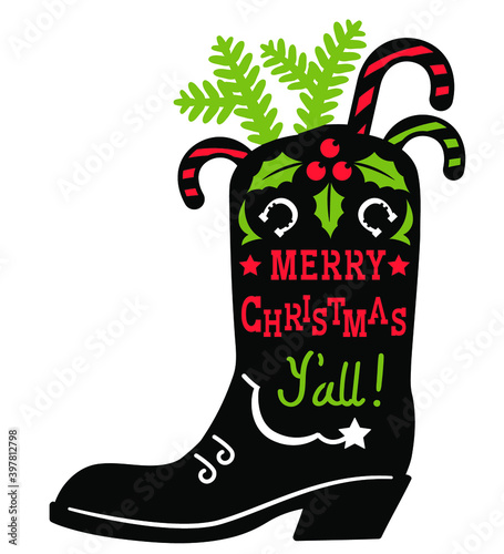 Cowboy Christmas. Vector vintage illustration with Cowboy Country boot and holiday decoration on white background for design