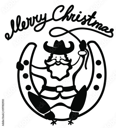 Christmas Santa in cowboy shoes sit on lucky horseshoe with lasso text. Vector printable black graphic illustration isolated on white