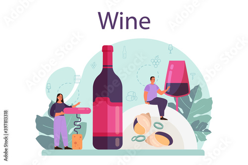 Wine concept. Grape wine in a bottle and glass full of alcohol