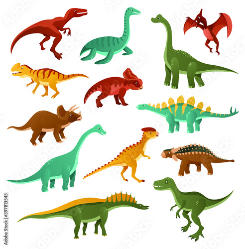 Funny dinosaurs. Collection of cartoon dinosaurs of different types. Funny animal of the Jurassic era isolated on white background. Vector illustrations