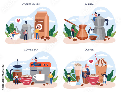 Barista concept set. Bartender making a cup of hot coffe.
