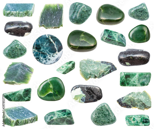 Fototapeta Naklejka Na Ścianę i Meble -  collection of various Jade natural mineral gem stones and samples of rock isolated on white background