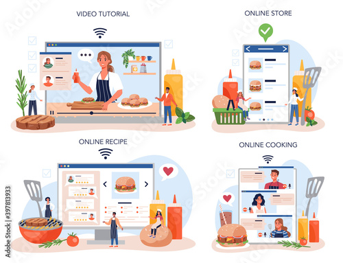 Fast food, burger house online service or platform set. Chef cook tasty