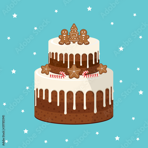 Christmas cake with decoration. Vector illustration.