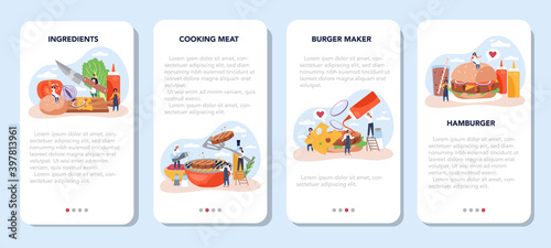 Fast food, burger house mobile application banner set. Chef cook tasty