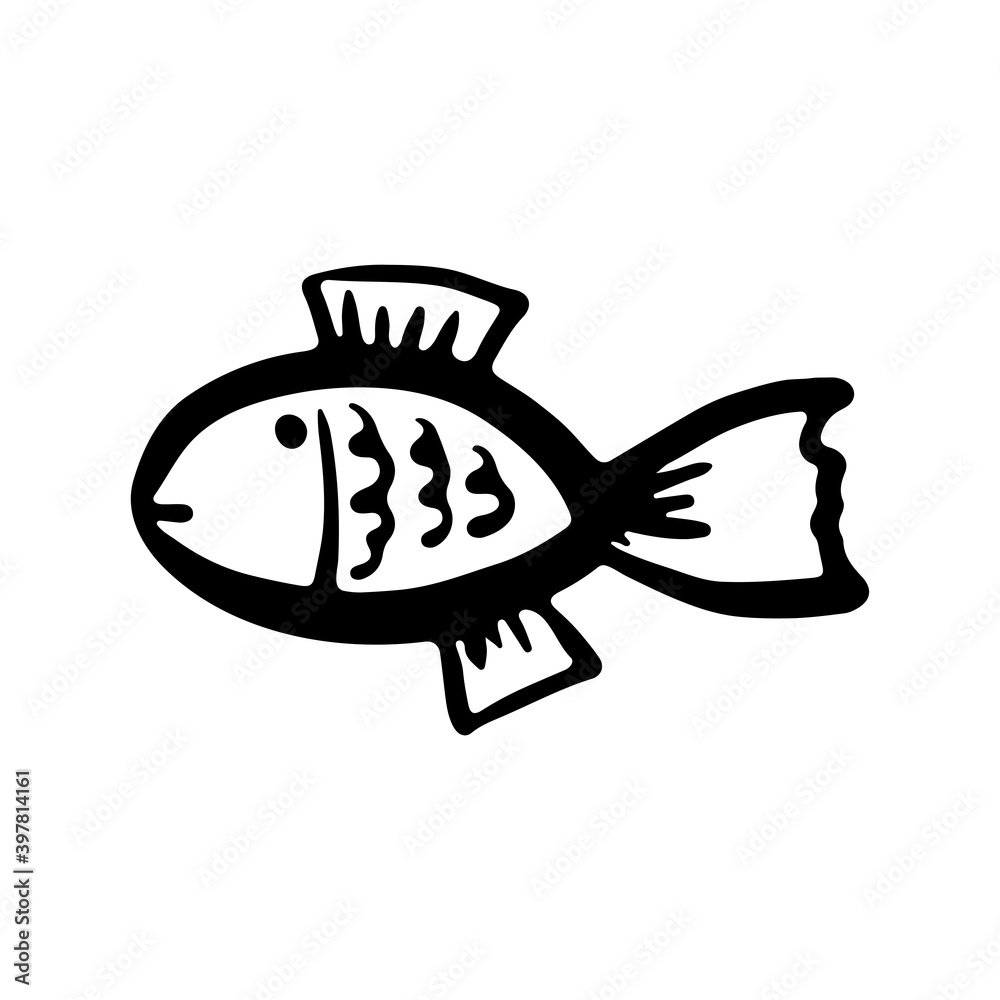 Fish icon. Black contour silhouette. Side view. Cute sketch drawing. Vector flat graphic hand drawn illustration. The isolated object on a white background. Isolate.